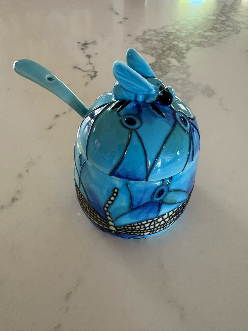Benaya Blue Ceramic Honey Jar with Dragonfly Accent and Spoon
